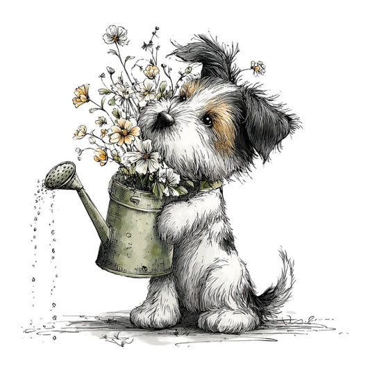 puppy, dog, flowers, daisies, watering can, whimsical, charming, children's, animal, nature, garden, spring, illustrated, ink drawing, vintage style, farmhouse, cute, playful, black and white, cream, tan, golden yellow, sage green, watercolor, storybook, decorative, nursery, baby, pet lover, garden theme