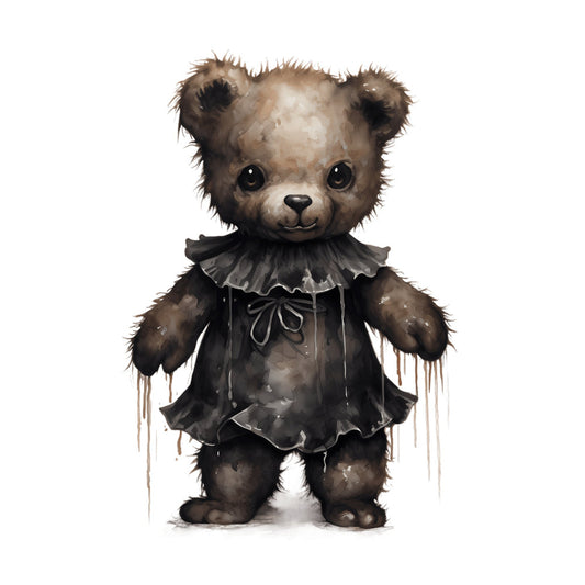 teddy bear, cute bear, whimsical, dark brown, cream, taupe, gothic, vintage, animals, children's fabric, nursery, baby, decorative collar, ruffled collar, dark aesthetic, storybook, illustrated, watercolor, dripping paint, steampunk, victorian, charming, enchanted, fantasy, woodland, bears, character fabric, panel print, playful yet dark, tea party