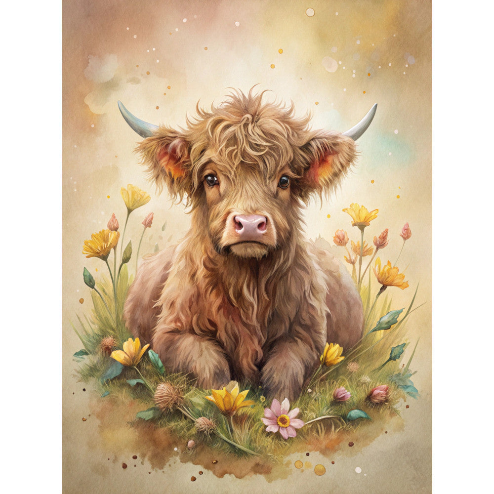 highland cow, watercolor style, golden brown, cream, yellow flowers, pink blossoms, fluffy fur, horns, pastoral scene, whimsical art, soft tones, fabric panel, quilting cotton, farm animal, meadow flowers, gentle expression, rustic charm, nature scene, botanical elements, children's fabric
