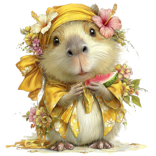 guinea pig, cute animals, floral, yellow, cream, pink, white, flowers, spring, summer, whimsical, playful, children's, baby, nature, animal illustration, hibiscus, watercolor style, charming, adorable, pastoral, garden theme, soft colors, pastel, decorative panel, wall hanging, kid's fabric, storybook, gentle, sweet
