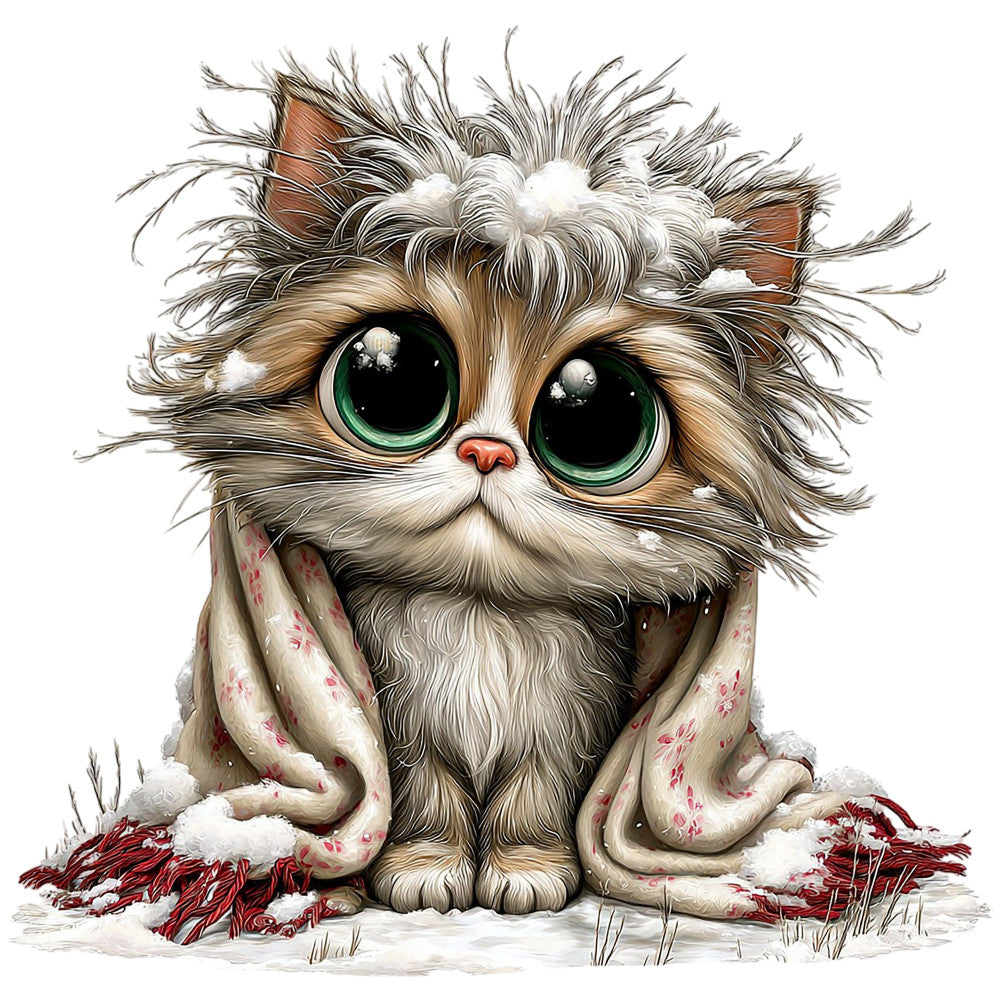 whimsical cat, fluffy kitten, green eyes, cream white, soft brown, tan, burgundy red, floral print, rose pattern, winter, snow, cozy, adorable animal, cute face, long-haired cat, persian cat, vintage floral, romantic style, cottage core, nursery, children's, playful, whimsy, illustrated cat, decorative panel, apparel fabric, home decor, wall art