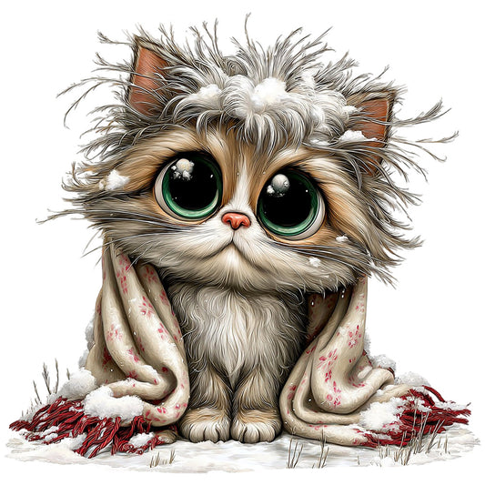 whimsical cat, fluffy kitten, green eyes, cream white, soft brown, tan, burgundy red, floral print, rose pattern, winter, snow, cozy, adorable animal, cute face, long-haired cat, persian cat, vintage floral, romantic style, cottage core, nursery, children's, playful, whimsy, illustrated cat, decorative panel, apparel fabric, home decor, wall art