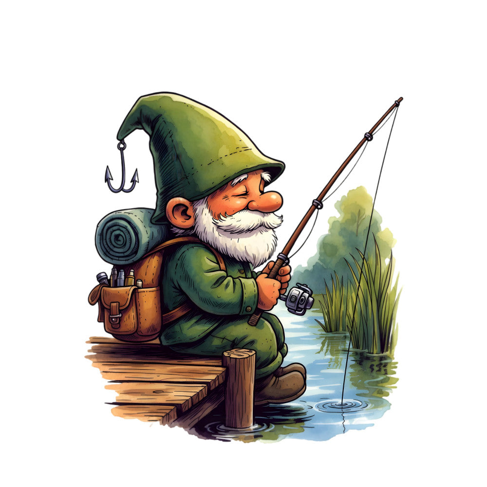 fishing gnome, garden gnome, whimsical, forest green, olive green, yellow-green, orange, white beard, fishing pole, fishing hook, lake scene, water, pond, cattails, reeds, rustic, vintage, nature, outdoor, fishing themed, gnome character, storybook, children's, playful, cottage core, pastoral, illustration art, male character, woodland