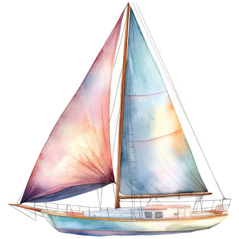 sailboat, nautical, watercolor, sailing vessel, ocean, maritime, coastal, blue, pink, coral, cream, watercolor art, elegant, whimsical, boat, sea, summer, wall hanging, home decor, illustration style, soft colors, gradient, artistic, vintage nautical, transportation, seascape, light blue, dusty rose, peach, warm tones