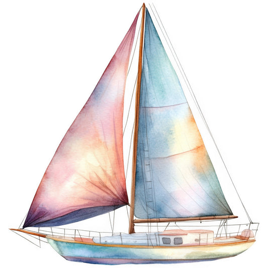 sailboat, nautical, watercolor, sailing vessel, ocean, maritime, coastal, blue, pink, coral, cream, watercolor art, elegant, whimsical, boat, sea, summer, wall hanging, home decor, illustration style, soft colors, gradient, artistic, vintage nautical, transportation, seascape, light blue, dusty rose, peach, warm tones