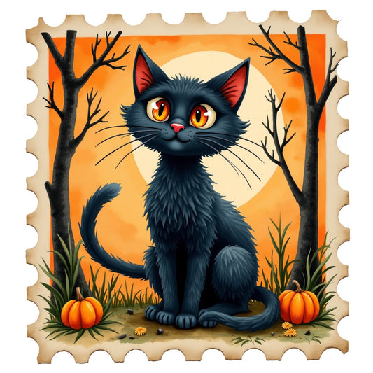 Halloween Postage Stamps Fabric Panel 9 with a cute black cat, pumpkins, and spooky bare trees against an orange moonlit sky.