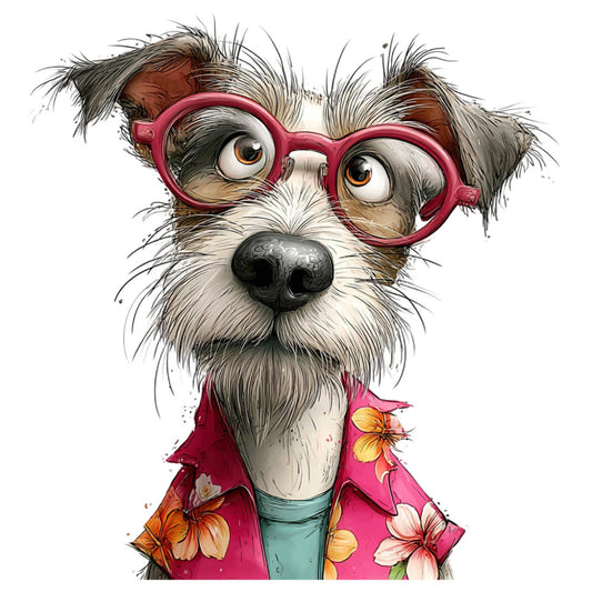 whimsical dog, quirky pet, pink glasses, floral jacket, character illustration, animal portrait, cute puppy, whimsical animals, novelty print, decorative panel, hot pink, coral orange, cream white, sage green, charcoal gray, fun and playful, humorous design, vintage style, retro fashion, botanical flowers, character fabric, conversation print, statement piece, children's design, artistic illustration, mixed media style, spring colors, summer design, wall hanging, decorative art