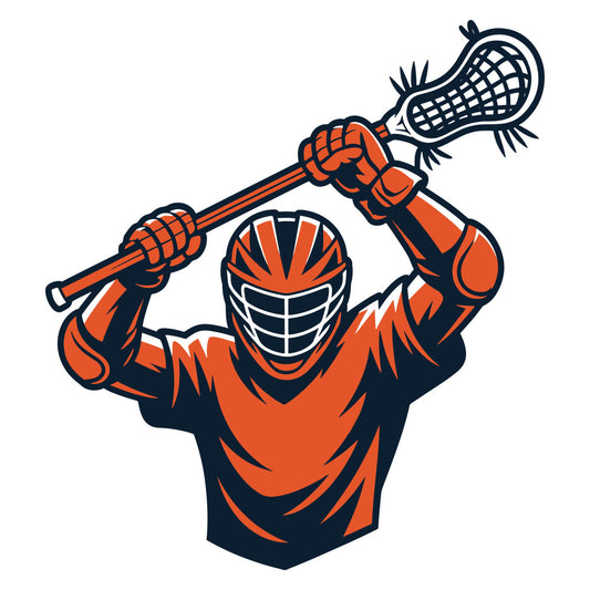 orange, navy blue, sports, lacrosse, athlete, player, team sports, helmet, stick, action pose, victory, strength, dynamic, bold, vibrant, masculine, youth sports, athletic wear, school spirit, trophy, champion, competitive, energy, powerful, modern, illustration style, character design, mascot, sports themed