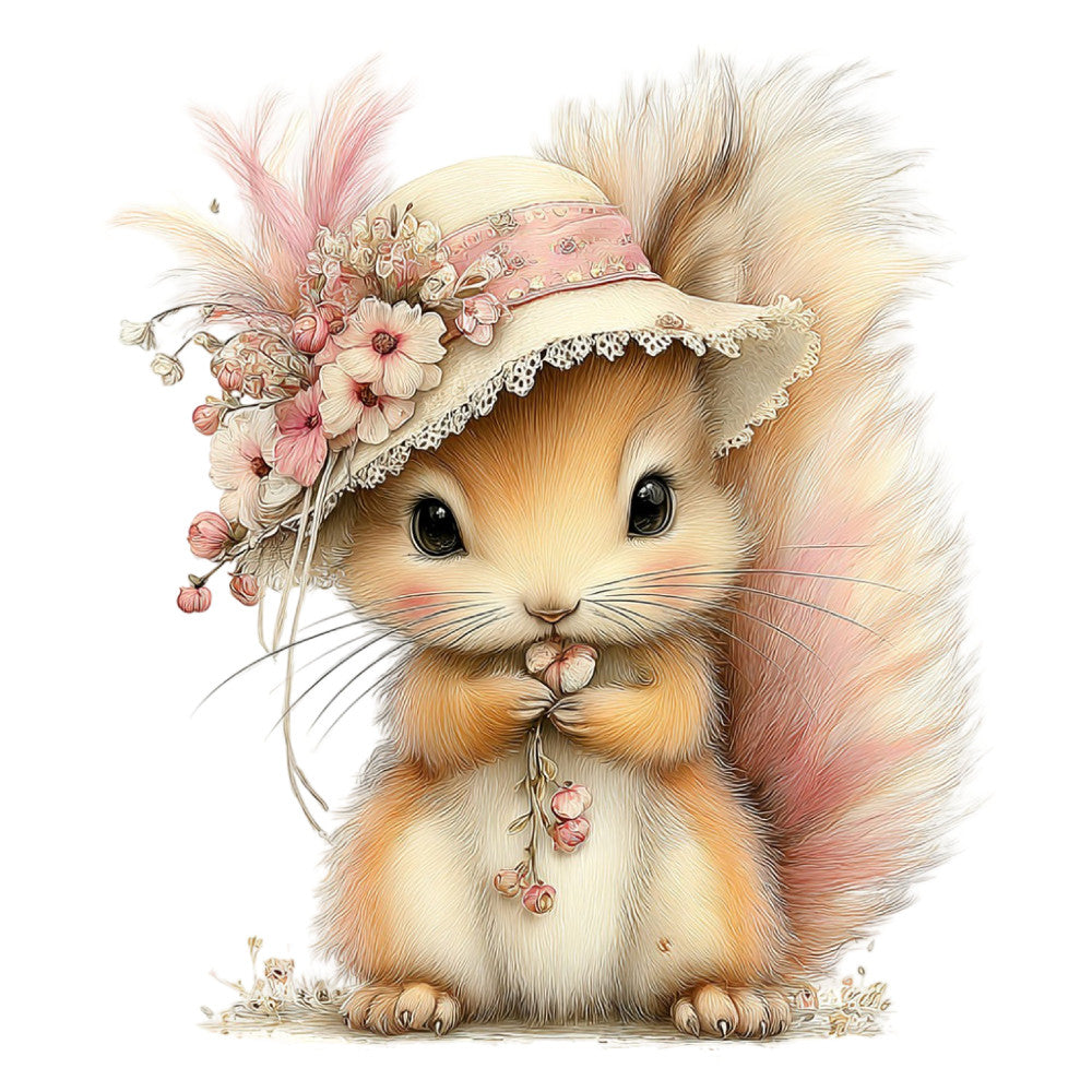 cute animal, squirrel, woodland creature, floral, roses, daisies, pink flowers, cream, ivory, tan, rust, dusty rose, blush pink, whimsical, vintage, spring, sweet, gentle, baby, children, adorable, decorative panel, wall art, nursery, garden theme, romantic, delicate, lace trim, flower crown, easter