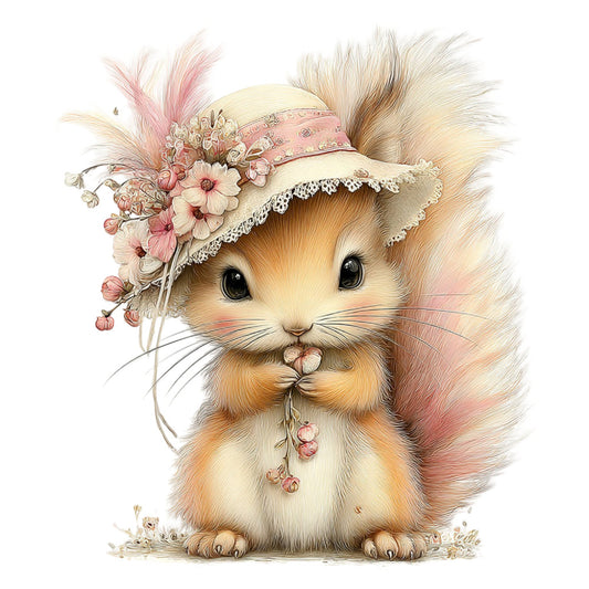 cute animal, squirrel, woodland creature, floral, roses, daisies, pink flowers, cream, ivory, tan, rust, dusty rose, blush pink, whimsical, vintage, spring, sweet, gentle, baby, children, adorable, decorative panel, wall art, nursery, garden theme, romantic, delicate, lace trim, flower crown, easter