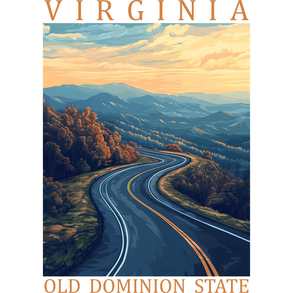 virginia, old dominion state, winding road, mountain landscape, autumn foliage, orange trees, blue mountains, sunset sky, golden clouds, fabric panel, quilting cotton, travel poster, scenic highway, rolling hills, warm colors, blue ridge, countryside, vintage illustration, panoramic view, nature scene