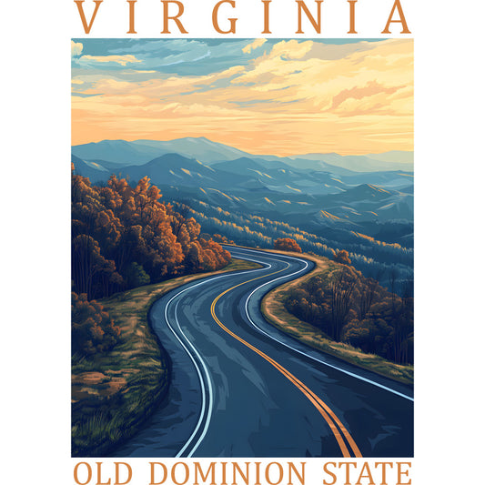 virginia, old dominion state, winding road, mountain landscape, autumn foliage, orange trees, blue mountains, sunset sky, golden clouds, fabric panel, quilting cotton, travel poster, scenic highway, rolling hills, warm colors, blue ridge, countryside, vintage illustration, panoramic view, nature scene