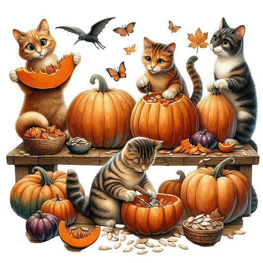 autumn, fall, pumpkin, orange, cream, brown, tan, striped, whimsical, playful, cats, kittens, animals, nature, harvest, thanksgiving, seasonal, rustic, farmhouse, woodland, leaves, butterflies, pumpkins, vegetables, cozy, charming, wall hanging, panel print, decorative