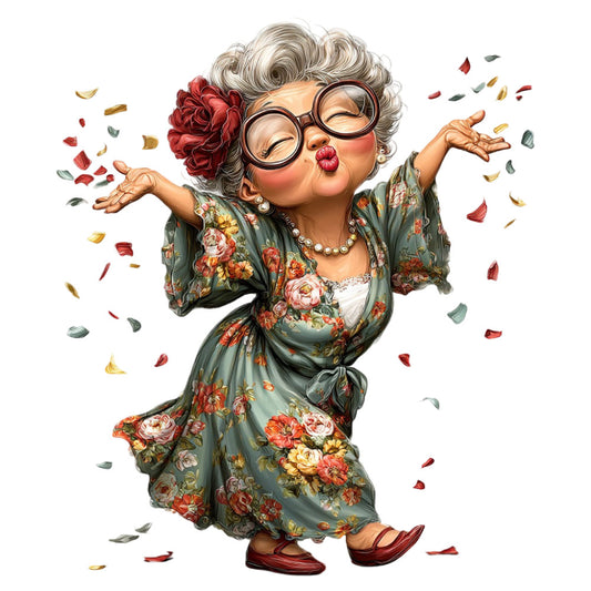 whimsical, vintage, grandmother character, floral, roses, sage green, coral pink, red roses, gold accents, pearl necklace, glasses, playful, cheerful, retro, botanical, garden, cottage core, traditional, elegant, fun-loving, character panel, novelty print, multi-colored florals, spring, summer, decorative arts, portrait, humorous, quirky, folk art inspired