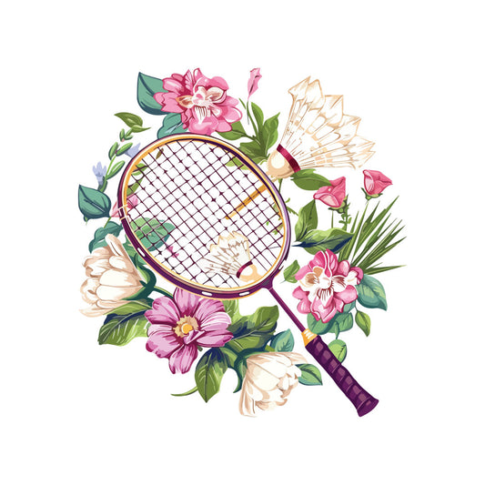 badminton, sports, racket, shuttlecock, pink flowers, cream flowers, sage green, mauve, purple, floral, nature, botanical, whimsical, elegant, vintage, spring, summer, feminine, garden, blossoms, petals, leaves, foliage, decorative, artistic, playful, wall hanging, home decor, hobby themed