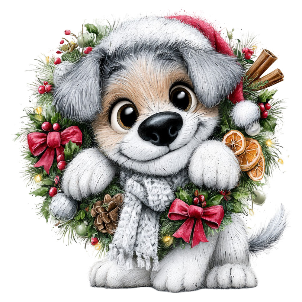 cute puppy, festive dog, christmas holiday, winter theme, red ribbon bow, evergreen wreath, white fluffy dog, gray and white, cream colored, coral orange, deep red, festive decoration, whimsical style, playful animal, holiday cheer, decorative wreath, pine cones, holly berries, orange slices, cinnamon sticks, joyful expression, kawaii style, children's design, baby quilt, wall hanging, festive fabric, seasonal decoration, cheerful puppy, holiday panel, winter festive