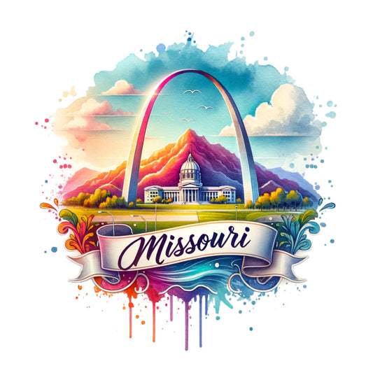 US States Retro Travel Fabric Panel 26 featuring Missouri with Gateway Arch and state capitol in vibrant watercolor style.