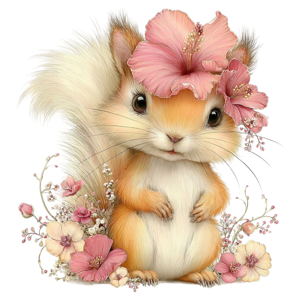 cute animal, fluffy bunny, guinea pig, woodland creature, pink flowers, coral pink, cream, soft peach, blush pink, floral arrangement, hibiscus, delicate flowers, whimsical, sweet, gentle, spring, baby, nursery, children's, adorable, nature-inspired, botanical, soft colors, pastel palette, illustration style, vintage botanical, garden theme, baby quilt, wall hanging, nursery decor