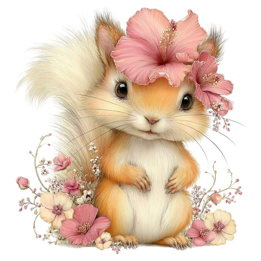 cute animal, fluffy bunny, guinea pig, woodland creature, pink flowers, coral pink, cream, soft peach, blush pink, floral arrangement, hibiscus, delicate flowers, whimsical, sweet, gentle, spring, baby, nursery, children's, adorable, nature-inspired, botanical, soft colors, pastel palette, illustration style, vintage botanical, garden theme, baby quilt, wall hanging, nursery decor
