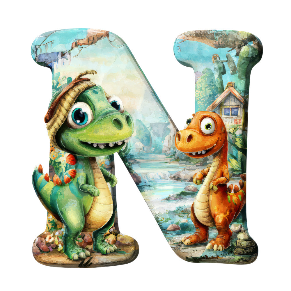 dinosaur characters, letter n, green dinosaur, orange dinosaur, turquoise blue, forest scene, waterfall background, cottage house, cartoon style, friendly dinosaurs, prehistoric theme, children's fabric, quilting panel, cotton fabric, whimsical illustration, nature landscape, adventure scene, colorful artwork, kids decor, animal friends