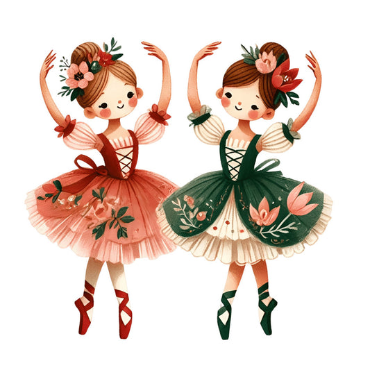 ballet dancers, ballerina, tutu, pointe shoes, coral red, forest green, cream ivory, floral, flowers, tulips, botanical, whimsical, vintage, storybook, children's, girl's, illustrated, watercolor, dancing, performance, spring, summer, charming, sweet, delicate, feminine, nature-inspired, panel print, dress-up, fairy tale