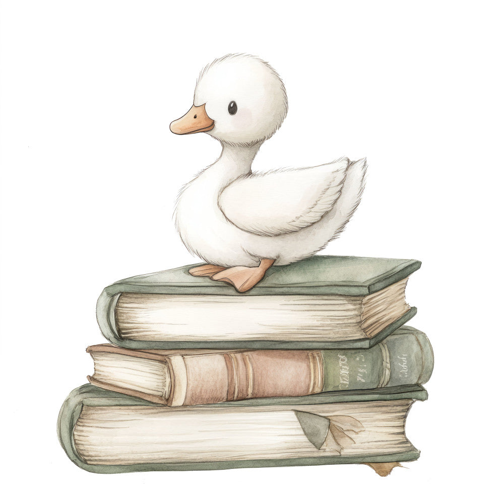 white duck, cream, sage green, tan, bronze, storybook, whimsical, children's, nursery, animal, bird, duck illustration, vintage, classic literature, educational, watercolor, soft, gentle, baby, toddler, literary theme, book stack, knowledge, learning, peaceful, sweet, adorable, countryside, farmyard, illustrated