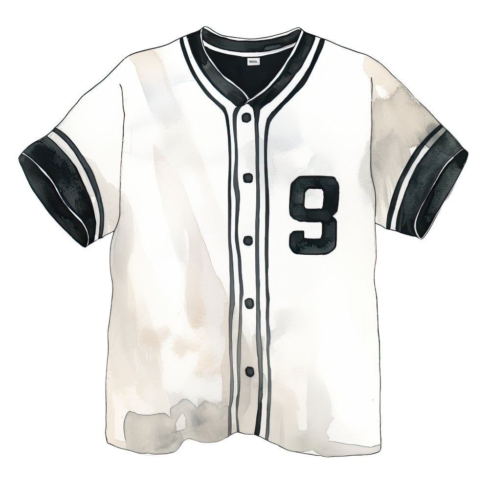 baseball jersey, sports themed, cream, off-white, black, charcoal gray, number 9, athletic wear, vintage sports, retro baseball, classic sports, traditional style, americana, casual style, menswear, unisex, sporty, nostalgic, heritage design, monochromatic, neutral tones, team apparel, uniform inspired, graphic design, apparel print, fashion illustration, recreation wear, casual cotton, preppy style, timeless classic