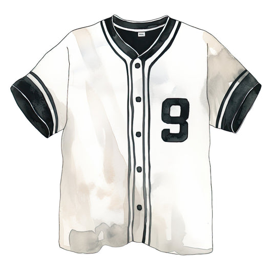 baseball jersey, sports themed, cream, off-white, black, charcoal gray, number 9, athletic wear, vintage sports, retro baseball, classic sports, traditional style, americana, casual style, menswear, unisex, sporty, nostalgic, heritage design, monochromatic, neutral tones, team apparel, uniform inspired, graphic design, apparel print, fashion illustration, recreation wear, casual cotton, preppy style, timeless classic