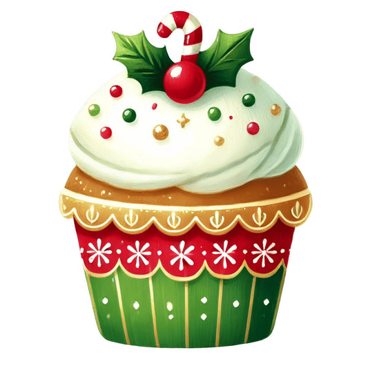 christmas, holiday, cupcake, whimsical, festive, red, green, cream, gold, candy cane, holly, winter, dessert, baker, gingerbread, playful, decorative, cute, vibrant, seasonal, sweet, treat, festive theme, traditional christmas, retro, vintage holiday, illustration, whimsy, cheerful, december