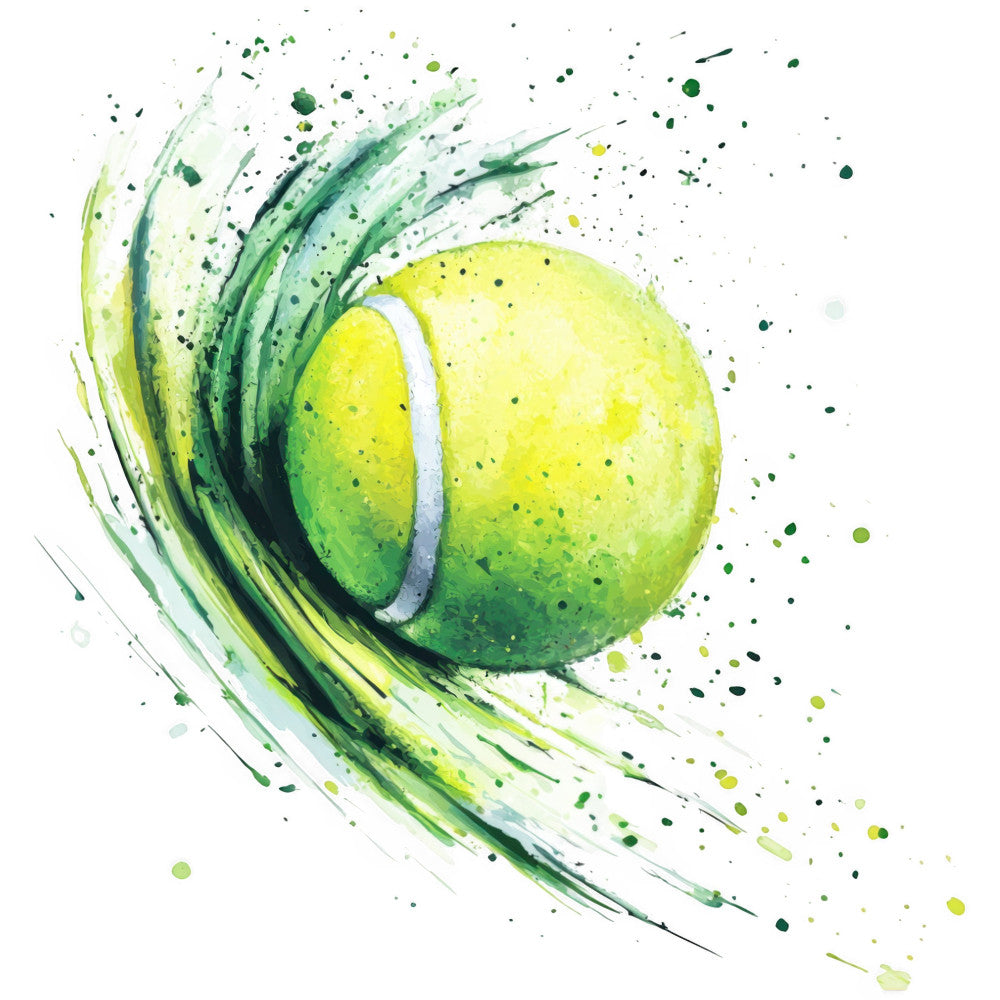 tennis ball, lime green, yellow green, white, dark green, sport, athletic, motion, dynamic, abstract, splatter, watercolor, paint splash, modern, contemporary, sporty, active wear theme, games, recreational, energy, vibrant, action, movement, ink splatter, artistic, casual style, summer sport