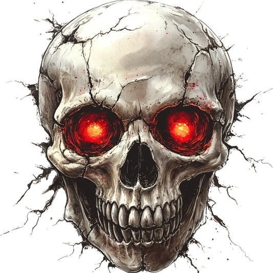 skull, red eyes, glowing eyes, gothic, dark, black, cream, bone white, horror, skeleton, edgy, alternative, grunge, metallic accents, abstract, modern, dramatic, Halloween, spooky, supernatural, evil, intense, bold, striking, wall hanging, decorative panel, dark fantasy, punk rock, metal aesthetic