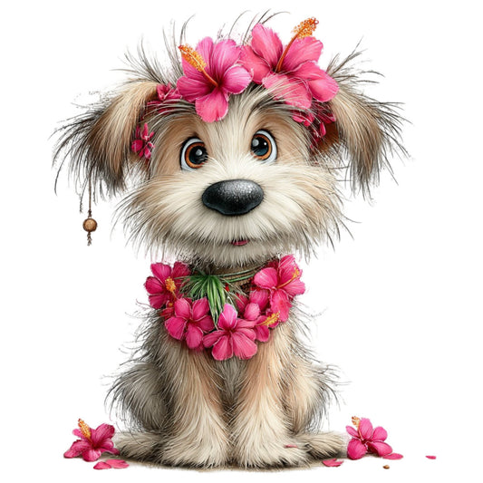 cute dog, puppy, pink hibiscus, hot pink flowers, floral, animal, whimsical, sweet, playful, adorable, dog lover, pet themed, spring, summer, children's, kids, baby, girl, feminine, flower crown, hibiscus blooms, cream white, tan brown, taupe, gold accents, nature inspired, cheerful, decorative panel, wall art, baby quilt