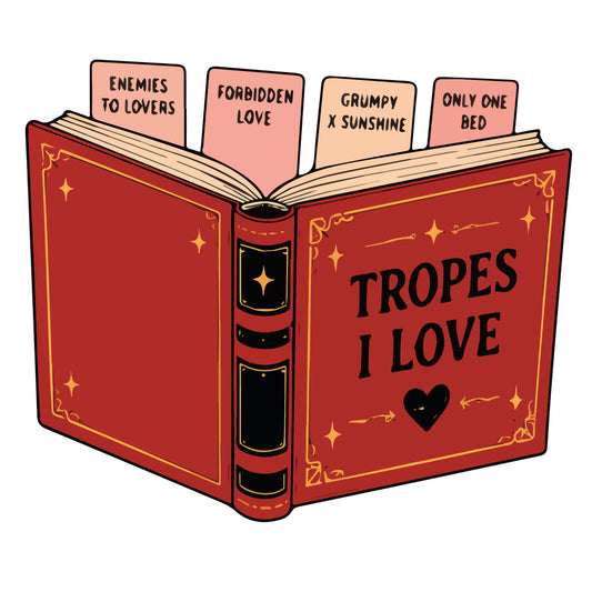 red, gold, cream, black, romance, love, literature, books, bookish, whimsical, celestial, stars, hearts, romantic comedy, tropes, literary humor, funny, witty, quirky, indie style, modern, playful, book lover, reader gift, decorative panel, wall art, novelty print, contemporary, humorous quotes