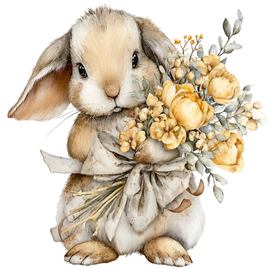 cream bunny, tan rabbit, soft beige, golden yellow, sage green, watercolor floral, botanical, animal illustration, whimsical, nursery, springtime, easter, baby shower, woodland creatures, flower bouquet, peonies, dried flowers, rustic charm, gentle illustration, children's fabric, storybook style, sweet animals, pastel colors, nature inspired, farmhouse style, vintage aesthetic, adorable design, cute animals, baby quilt, wall hanging