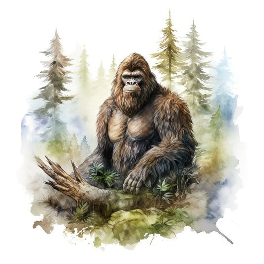 bigfoot, sasquatch, cryptid, forest animal, woodland creature, nature, wildlife, conifer trees, pine trees, evergreen, misty forest, mountain, rustic, watercolor, illustration, brown, tan, cream, forest green, sage green, blue-gray, natural tones, earthy, cabin, outdoor, adventure, legend, folklore, mysterious, woodland scene