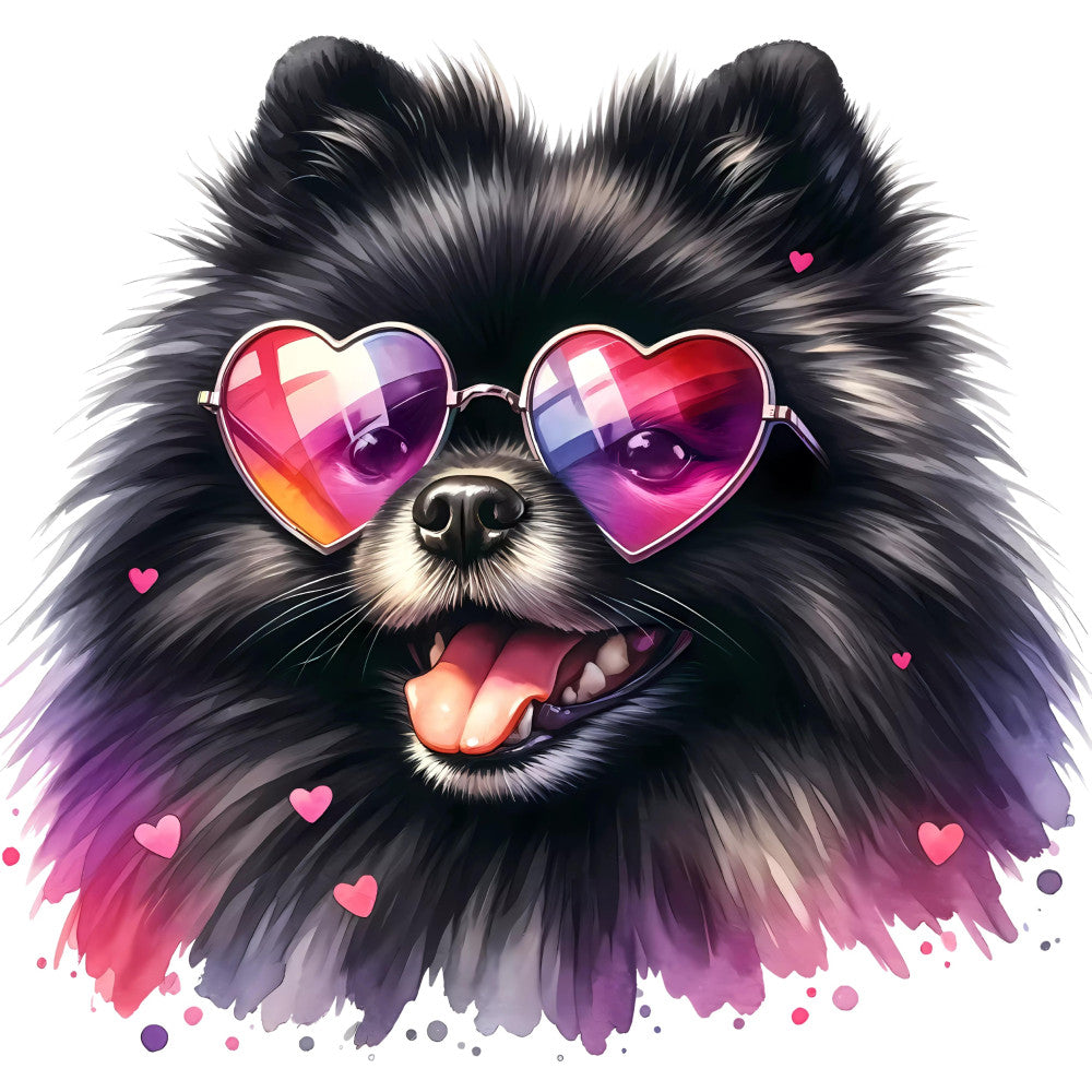 fluffy dog, heart shaped sunglasses, black fluffy fur, hot pink, magenta, purple, rainbow gradient, whimsical, playful, fun, cute animals, love theme, hearts, tongue out, happy expression, modern pop art, colorful, vibrant, animal portraits, dog lover, quirky style, festive, cheerful, fun animal print, contemporary, bold colors, patterned sunglasses, graphic animal design