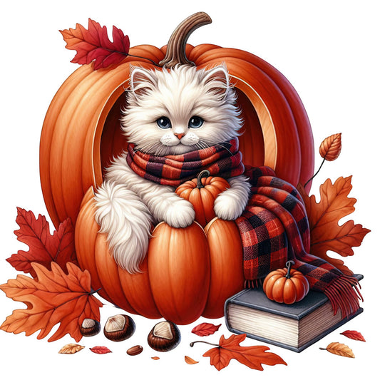 autumn cat, fall cat, orange pumpkin, white fluffy cat, plaid scarf, cozy autumn, thanksgiving, harvest theme, cute animals, whimsical cat, rustic fall, autumn leaves, maple leaves, acorns, mini pumpkins, book and cat, burnt orange, red plaid, autumn colors, seasonal decor, fall decorations, cottage core, farmhouse autumn, children's panel, cat lover, pumpkin patch, warm autumn tones, festive fall, nature inspired, woodland creatures