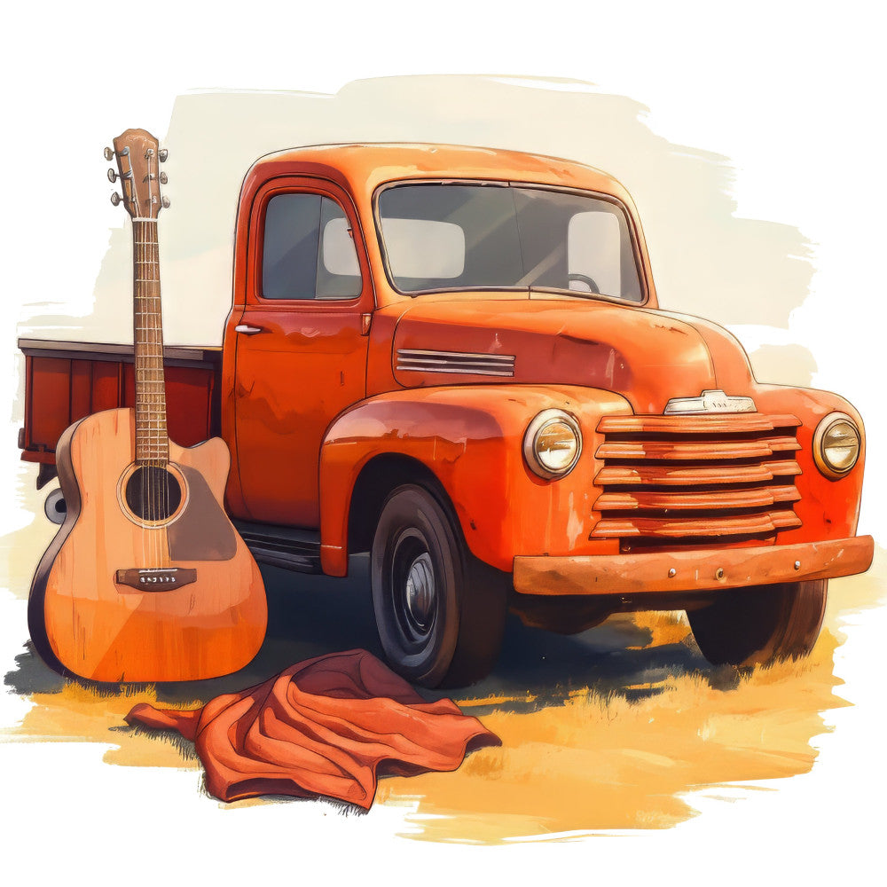 orange, rust, red-orange, burnt orange, golden yellow, cream, vintage truck, retro truck, acoustic guitar, country music, americana, rural, farmhouse, western, rustic, vintage, nostalgic, musical instruments, transportation, Americana style, folk music, country living, vintage americana, music themed, vehicle art, classic truck, americana decor, music and trucks, country aesthetic, folk art style