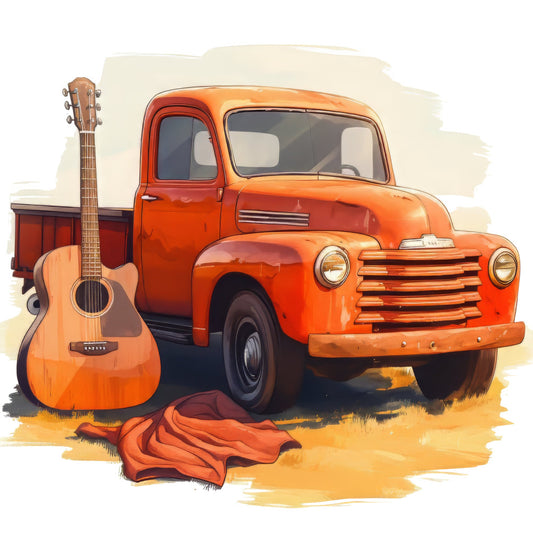 orange, rust, red-orange, burnt orange, golden yellow, cream, vintage truck, retro truck, acoustic guitar, country music, americana, rural, farmhouse, western, rustic, vintage, nostalgic, musical instruments, transportation, Americana style, folk music, country living, vintage americana, music themed, vehicle art, classic truck, americana decor, music and trucks, country aesthetic, folk art style
