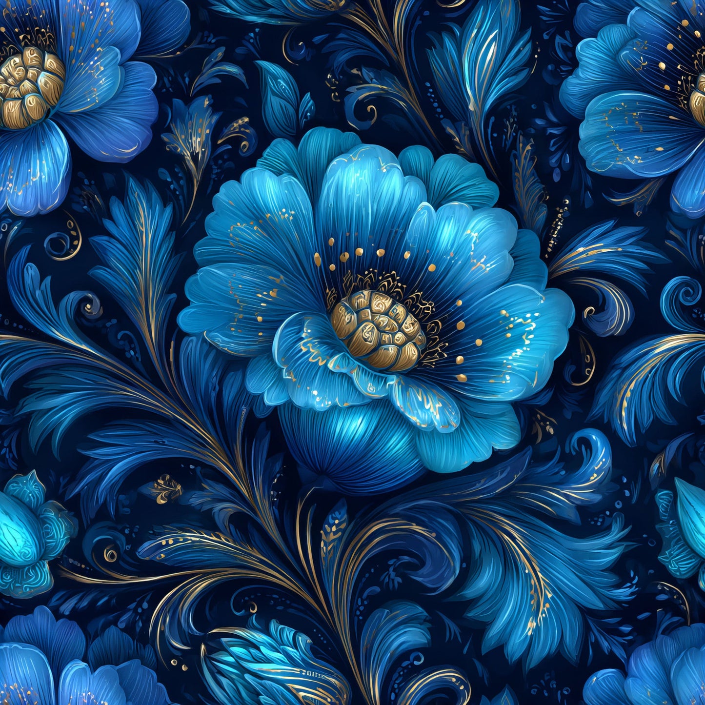 Blue Ornamental Floral Pattern 5 Quilting Cotton Fabric