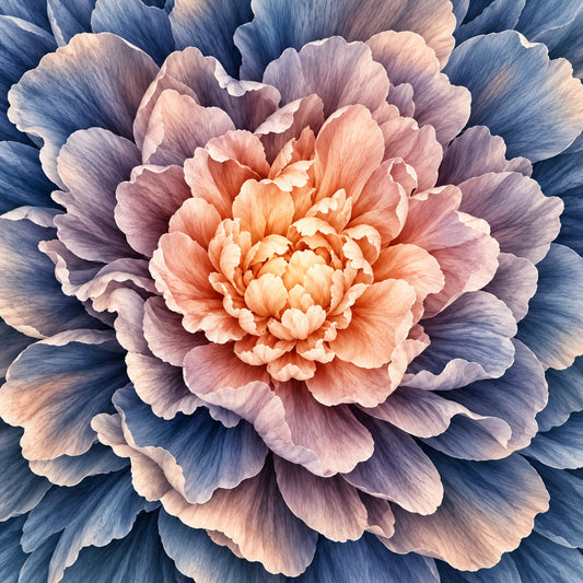 peony, coral pink, dusty blue, navy blue, blush pink, mauve, cream, layered petals, floral, botanical, nature, elegant, romantic, vintage, watercolor, ombre, gradient, spring, summer, garden flowers, large scale print, close-up florals, soft colors, pastel, decorative, home decor, wall art, quilt panel, fabric art, detailed petals