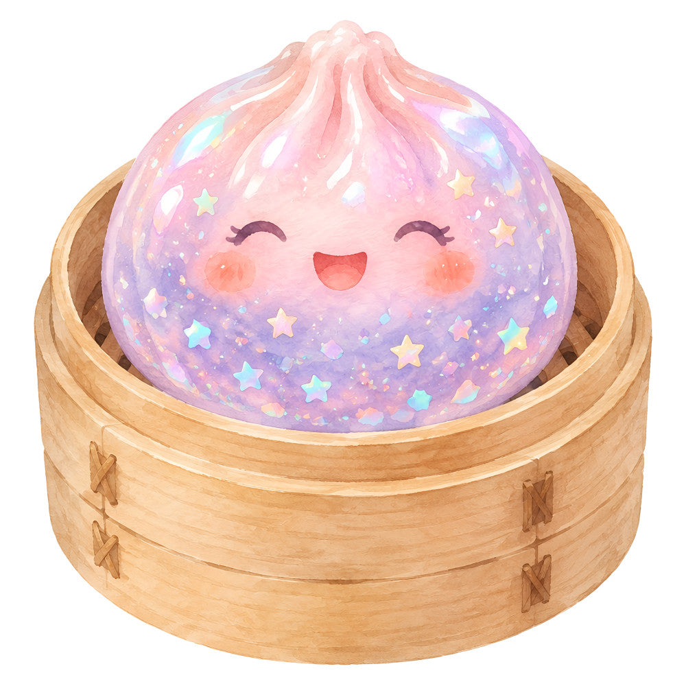pastel pink, lavender purple, soft peach, celestial, stars, whimsical, cute character, happy face, magical, dreamy, sparkly, glitter effect, iridescent, steamed bun, asian cuisine, dumpling, bamboo basket, children's theme, nursery, baby, sweet, playful, fantasy, enchanted, girly, feminine, food themed, novelty, decorative