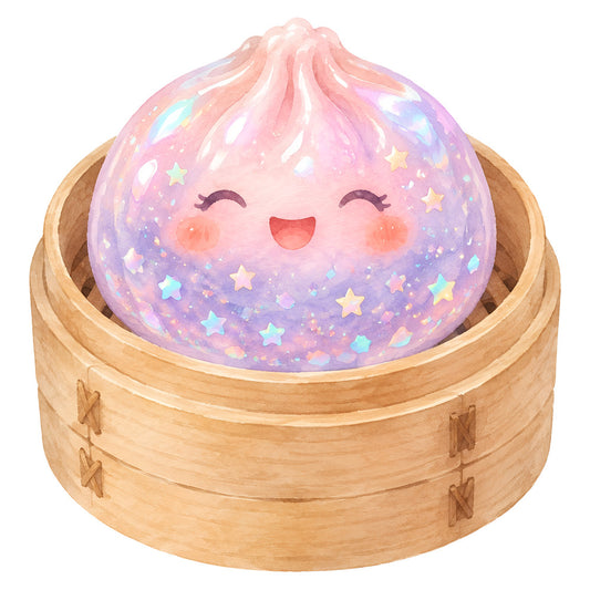 pastel pink, lavender purple, soft peach, celestial, stars, whimsical, cute character, happy face, magical, dreamy, sparkly, glitter effect, iridescent, steamed bun, asian cuisine, dumpling, bamboo basket, children's theme, nursery, baby, sweet, playful, fantasy, enchanted, girly, feminine, food themed, novelty, decorative