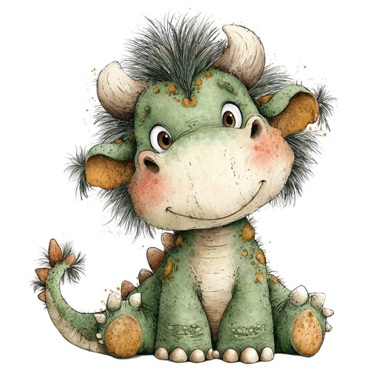 sage green, cream, tan, brown, forest green, cute animals, dragons, dinosaurs, whimsical, children's, playful, friendly, baby, nursery, kids room, illustration, watercolor, storybook, fantasy, magical, cute creatures, spotted pattern, textured, artistic, character fabric, soft colors, gentle style, young children, playroom decor