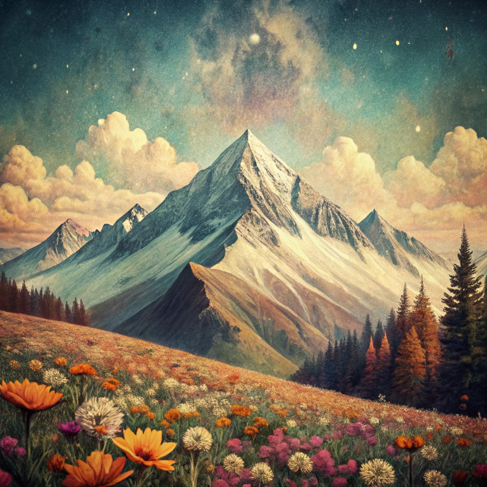 mountain landscape, wildflower meadow, starry sky, teal blue, golden yellow, orange flowers, purple blooms, evergreen trees, snow-capped peaks, fabric panel, quilting cotton, nature scene, alpine setting, autumn colors, dreamy atmosphere, scenic vista, floral foreground, majestic mountains, outdoor wilderness, artistic illustration