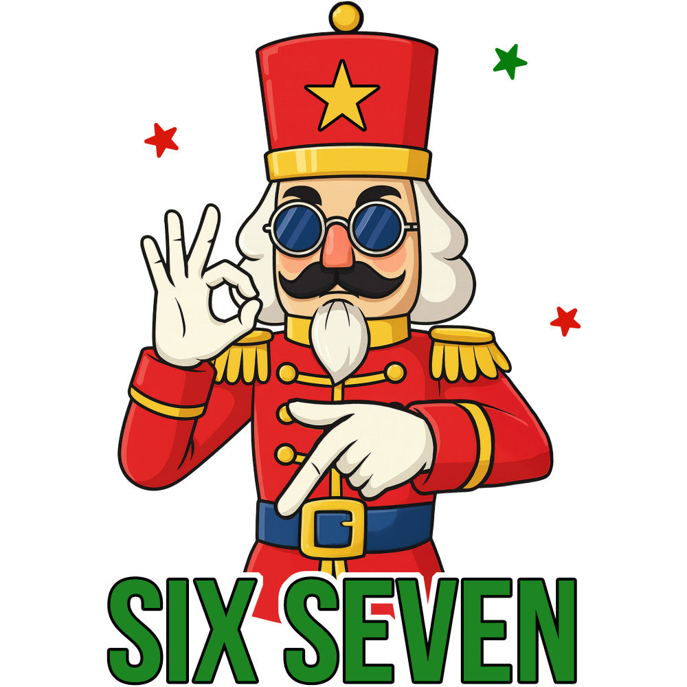 christmas fabric panel, nutcracker soldier, red uniform, gold accents, blue sunglasses, white mustache, military hat, star emblem, ok hand gesture, cartoon character, festive design, holiday theme, green text, colorful stars, whimsical illustration, cotton panel, quilting fabric, seasonal craft, christmas decor, bright colors