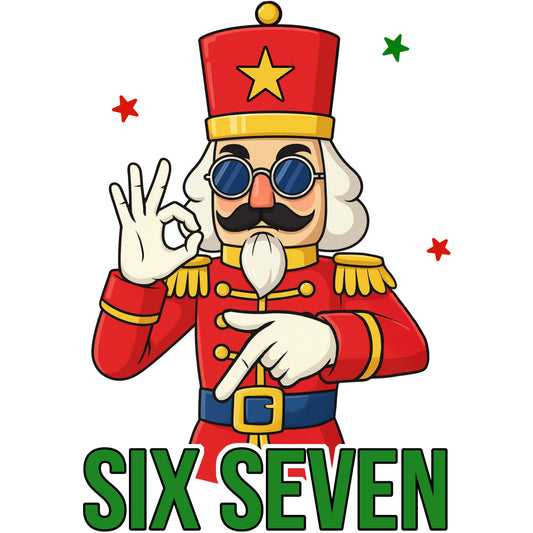christmas fabric panel, nutcracker soldier, red uniform, gold accents, blue sunglasses, white mustache, military hat, star emblem, ok hand gesture, cartoon character, festive design, holiday theme, green text, colorful stars, whimsical illustration, cotton panel, quilting fabric, seasonal craft, christmas decor, bright colors