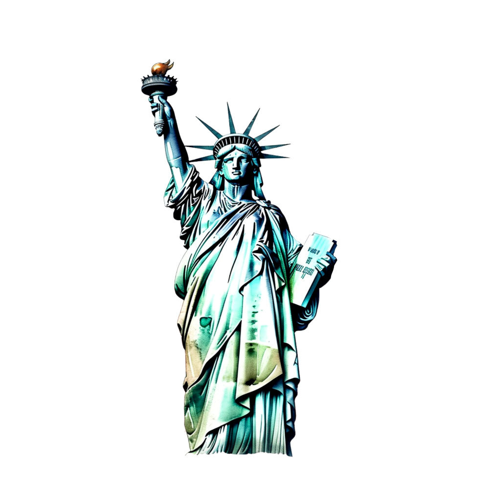 statue of liberty, patriotic, americana, torch, crown, independence, liberty torch, teal, turquoise, copper, bronze, metallic, iconic monument, historical, classic american, political, patriot, vintage americana, neoclassical, government, freedom, landmark, new york, traditional, elegant, commemorative, symbolic, national pride, civic theme, timeless