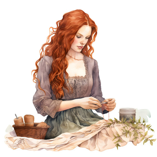 rust orange hair, copper red, dusty purple, sage green, cream, vintage portrait, historical figure, period dress, renaissance, historical costume, botanical herbs, needle and thread, basket weaving, cottage core, farmhouse, rustic, elegant, traditional, timeless, woman portrait, sewing themed, crafty, handmade aesthetic, nature inspired, peaceful, serene, heirloom quality, classic style