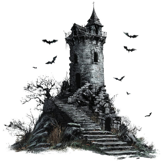 haunted house, gothic, halloween, spooky, black, charcoal gray, dark gray, stone tower, castle, bats, creepy, vintage gothic, monochromatic, dark theme, horror, witchy, eerie, abandoned, ruins, dramatic, moody, halloween decoration, gothic architecture, twisted tree, gloomy, mysterious, dark fantasy, grayscale